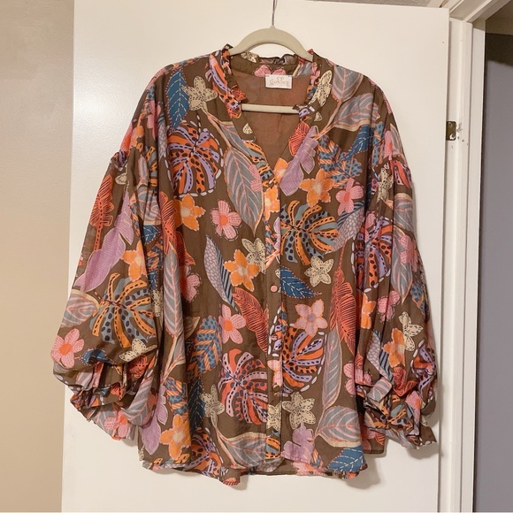 Golden Boutique Floral Button Down Puff Sleeve Blouse Size 3X - Picture 2 of 11